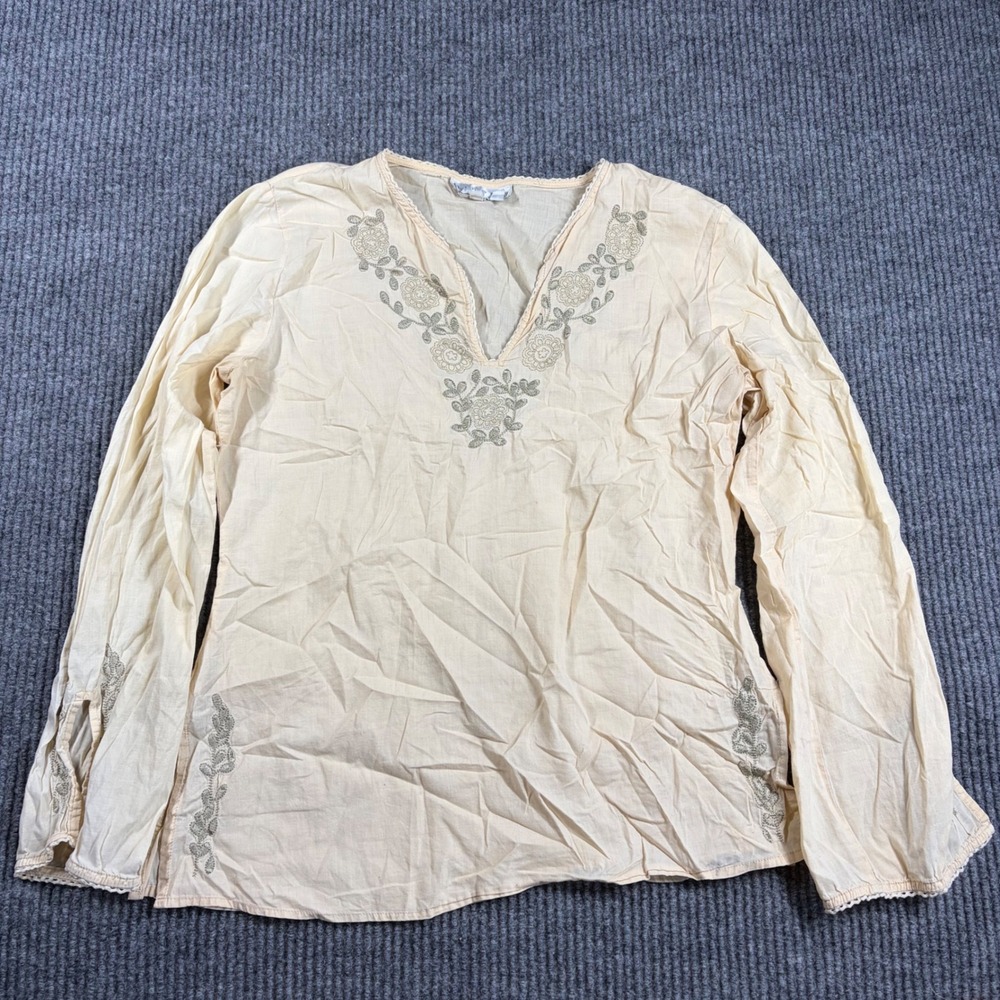 Ninety Shirt Women Size 4 Beige Embroidered V-Neck Long Sleeve Boho Blouse Top
